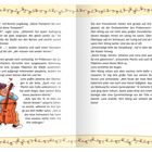 Texte oben: Dialoge und Erzählung über eine Probe. Illustration unten links: Kind spielt Cello, umrahmt von Girlanden mit Beeren.