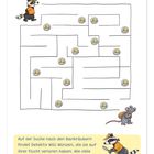 Detektiv Willi sucht Münzen im Labyrinth. Illustration mit einem Waschbären und einer Maus, die Rucksäcke tragen.