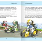 Heike Wiechmann; Tim und das Kartrennen. Zwei Kinder fahren in bunten Karts auf einer Rennstrecke, dynamische Szene.