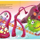 Ein grünes, haariges Monster jongliert mit Bonbons, während ein rosa Monster mit Tentakeln es im Wasser beobachtet. Farbenfroh.