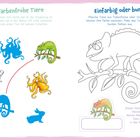 "Farbenfrohe Tiere" und "Einfärbig oder bunt?" Themen zu Tieranpassung, mit Illustrationen von Chamäleons, Tintenfischen und Hasen.