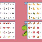 Verschiedene Mathe-Rätsel mit Einhörnern, Früchten und Zahlen. Rechts steht "SCHWER" neben einem grünen Dinosaurier.