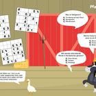 Auf einer Scheunenwand sind Sudokus, ein Pferde-Quiz und eine Ente vor Heuballen zu sehen. Ein Comicstil-Pony schaut.