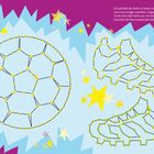 Oben rechts: „Ein Spielball der Profis ist heute... passende Stollenschuhe.“ Darunter: Muster aus nummerierten Punkten und Linien, umgeben von bunten Sternen.