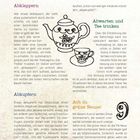 Redensarten-Texte: "Abklappern", "Abwarten und Tee trinken", "Abkupfern", "Ach du grüne Neune!" Illustration von Teekanne und Tasse.