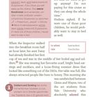 Erste Box: Erklärung von erstem und zweitem Konditional in Deutsch und Englisch. Zweite Box: „to adore“ bewundern, „tale“ Geschichte. Dritte Box: Soldiers als geschnittenes Toastbrot beschrieben, nicht als Soldaten. Beidseitig Text über eine Frau beim Frühstück, Kleidung beschrieben.