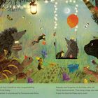 Text: "Surprise!" Friends congratulate Little Hedgehog. Beschreibung: Ein Igel hat Geburtstag. Tiere feiern im Wald mit Lichtern.