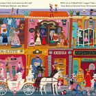 Eine farbenfrohe Illustration von einem Modegeschäft mit Kostümen, Hüten, Outfits. Verschiedene Tiere in Kleidung. Einladender Text.