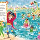 Text: "Eines Tages besuchen sie den Felsen der Ausgesetzten...". Illustration mit Piraten, Kindern im Wasser und Meerjungfrauen.