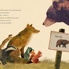 Ein großer Bär beugt sich böse über Tiere; Schild mit "Nur für" und Bärenbild. Illustration mit verschiedenen Waldtieren.