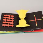 "Which way to look? Left or right?" Text über roten Pfeilen. Gelbe Form in der Mitte, rotes Kreuz rechts.