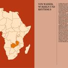 Von Wasser, Wurzeln und Rhythmus. Karte Afrikas mit markiertem Sambia, umgeben von Textblock rechts.