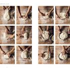 „Variante 1 – Rund gewirkter Laib“ über 16 Fotos. Hände formen und falten Teig auf bemehlter Holzplatte.