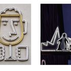 Texte: "Leipziger Messe", "Biermännchen", "Milchbar Pinguin"; Neonschilder: ein M-Logo, ein Gesicht, Pinguine.