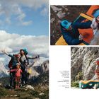 Links: "Family photo from our first time climbing in the Dolomites, Italy, as a family." Oben: Mann hilft Kind beim Bouldern. Unten: Erwachsener sichert Kind beim Klettern an Felswand.