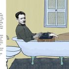 Text: „Erstes Bild. Im Badezimmer“ und ein Dialog zwischen Arnošt Lustig und seiner Tochter. Illustration: Mann in Badewanne mit Schreibmaschine. Ein Kind steht daneben und kaut auf Papier.