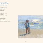 Text: "Meeresnähe" von Sarah Kirsch. Wellen, Strand, Wind, Vogel. Illustration: Zwei Personen am Strand mit Meer im Hintergrund.