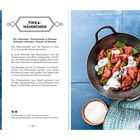 "Tikka-Hähnchen" Rezept für 4 Personen, Zubereitung 15 Min., Garzeit 20 Min., mit Zutaten: 500 g Hähnchen, Paprika, Joghurt, Tandooripaste. Rechts: Pfanne mit Gericht.