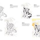 Schritt 8–11: Anleitung zur schrittweisen Kolorierung einer kämpfenden Figur mit robotischen Elementen und dynamischen Posen.