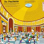 "The Pantheon", "Can you spot?" Liste: Musiker, Frauen mit Blumen, Hund, Katze, Clown, Priesterin, Tom, Katze Digby; bunte Illustrationen.