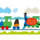"Hier wird ausgemalt" steht auf einem roten Kreis. Eine bunte Lokomotive mit grünen, blauen und roten Elementen.
