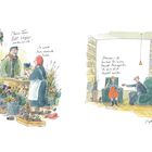 Links: Dialog über Vergissmeinnicht vor Blumenstand. Rechts: Frau bei Sexualtherapeut. Bücherregale im Hintergrund. Illustration.