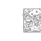 „bee farm“-Schild, Illustration: Person mit Hut hält Honigwabe, Hund und Bienen vor Bienenstock, Bäume und Blumen.