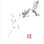 3月 - Ein Kolibri schwebt vor einer Blume, stilisierte Äste, grazile Anmutung, rotes Siegel unten rechts.