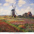 März, 2017: Malerei einer Windmühle in einer blühenden Landschaft mit Wolken am Himmel. Kalenderdarstellung.