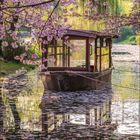 „3 2021“ mit einem Kalender darunter. Ein Boot unter blühenden Kirschbäumen auf einem ruhigen Gewässer.