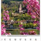 Kalender für März 2027, mit Wochenbeginn montags. Blühende rosa Kirschzweige rahmen ein Schloss und bunte Häuser im Hintergrund.