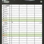 Text "März" in dekorativer Schrift, darunter ein Kalender für März 2027 mit Feiertagen und Notizen.