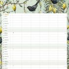 „März“ in gelber Schrift, darunter ein Kalender für 2027. Illustration von Vögeln auf Ästen mit gelben Blüten.