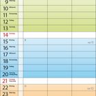 Kalender für März 2027 mit farbigen Wochenblöcken, Feiertagen und Mondphasen. Notizbereich unten.