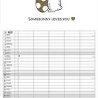 "Somebunny loves you" mit Herz und Hase, der ein Osterei umarmt. Kalender für März 2027 mit Wochentagen.