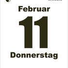 "Februar 11 Donnerstag 6. Woche" in dunkelgrau auf weißem Hintergrund, links oben Mondphase-Symbol.