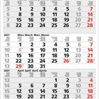 Kalender für 2027 mit den Monaten Februar, März und April. Wochenenden sind rot markiert.