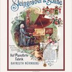 Steingräber & Söhne Hof-Pianoforte-Fabrik Bayreuth Nürnberg. Ein Mann spielt Klavier, umgeben von Wappen und Blumendekor.