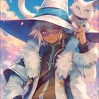 März 2021, Kalendarium. Fantasie-Illustration mit Zauberer in blauem Umhang und großem Hut, weiße Katze auf der Schulter.