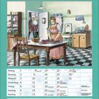 März-Kalenderblatt mit Illustration: Eine Frau kocht in einer altmodischen Küche. Rezept: Rotkohlrouladen mit Geflügelfüllung.