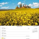 Kalenderblatt für März 2027, Landschaft mit blühenden Rapsfeldern und Zypressen in der Toskana unter blauem Himmel.