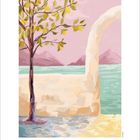 Illustration: Ein Baum mit gelb-grünen Blättern vor einer Mauer, dahinter türkisfarbenes Wasser und rosa Berge. Unten ist der März-Kalender.