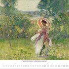 Gemälde einer Frau im hellen Kleid mit Sonnenschirm in einer blühenden Landschaft; Kalenderseite für März 2021.