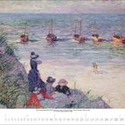 Kalender mit März 2021. Illustration zeigt Menschen am Strand, Boote im Wasser und eine grasbewachsene Düne.