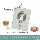 Text: "Little by little", "Friede, Freude, Büchersuche...". Ein Buch mit einem Hasen, Blüten und einem Nest mit Eiern.