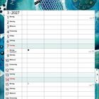 Kalenderseite März 2027, Tage und Wochentage aufgelistet. Illustrationen mit blauen und grünen Kreisen oben.