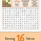 Ein Wortsuchrätsel mit Begriffen wie BILDERRAHMEN und REGAL. Oben ein Regalbild. Datum unten: Dienstag, 16. Februar.