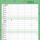 Kalender für März 2027. Illustration eines lachenden Hasen auf einer Schaukel und eines freudigen Elefanten im Gras.