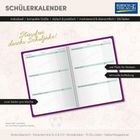 "Schülerkalender, Stressfrei durchs Schuljahr!, viel Platz für Notizen. Offener Kalender mit Wochenübersicht und lila Rahmen."