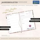 "Jahresbegleiter Terminkalender", "Mehr Struktur, weniger Stress!", "Plane deine Woche". Offener Kalender mit Wochenübersicht.